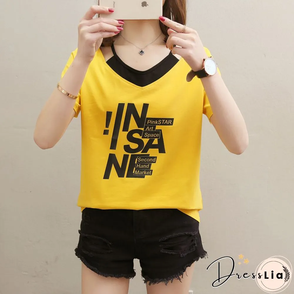 Print V- Neck T Shirt Women T-Shirt Cotton Summer Short Sleeve Woman Clothes Womens Tops Korean Style Tee Shirt Femme
