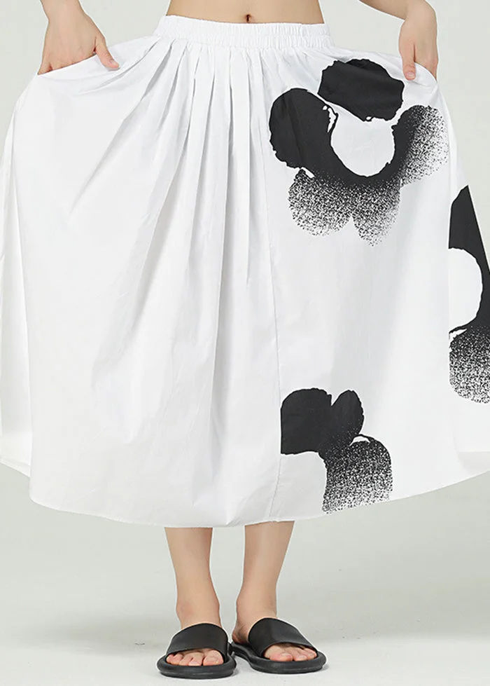 5.1White Print Cotton A Line Skirts Elastic Waist Oversized Summer