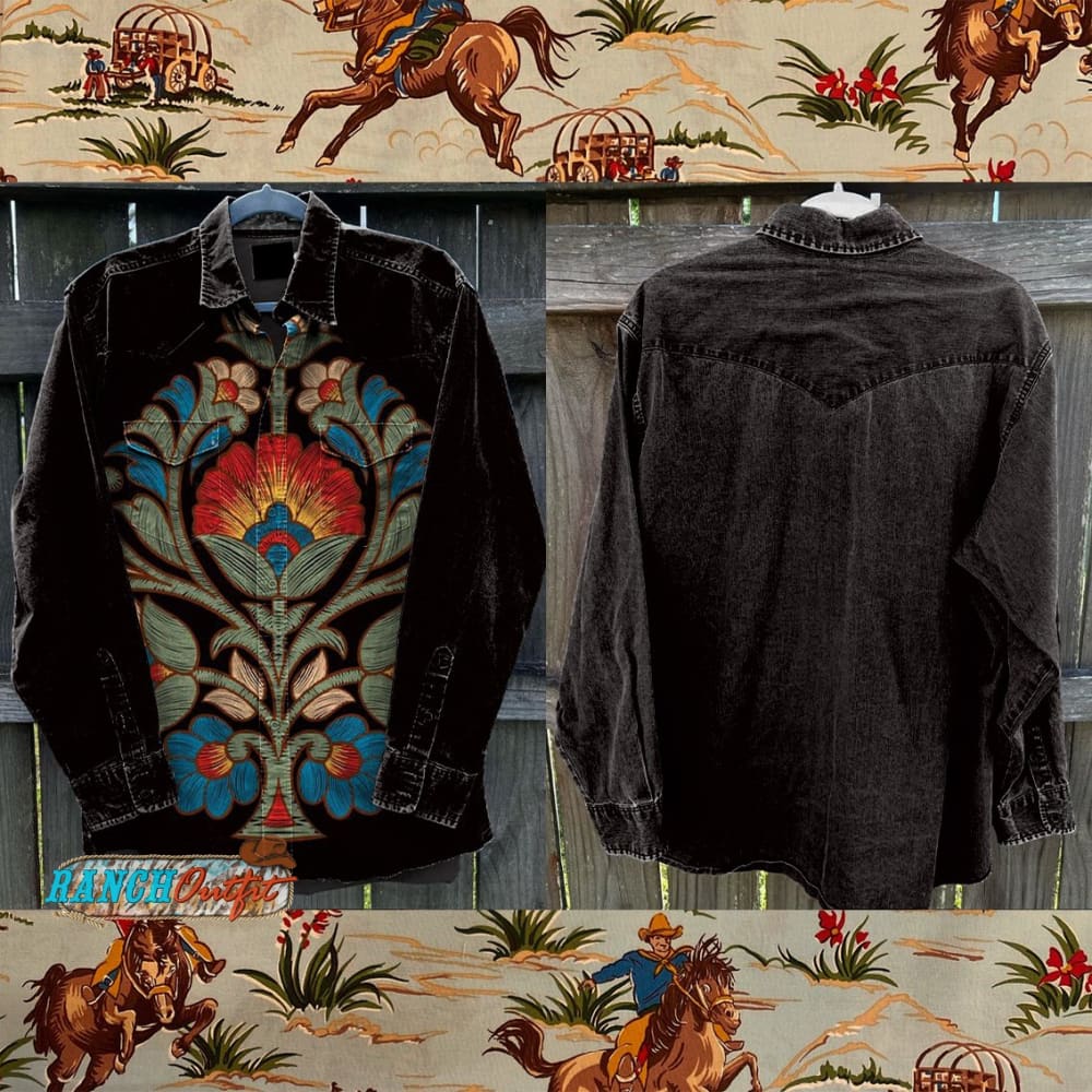 Flower Western Cowboy Vintage Stripe Print Casual Shirt Multicolor / S