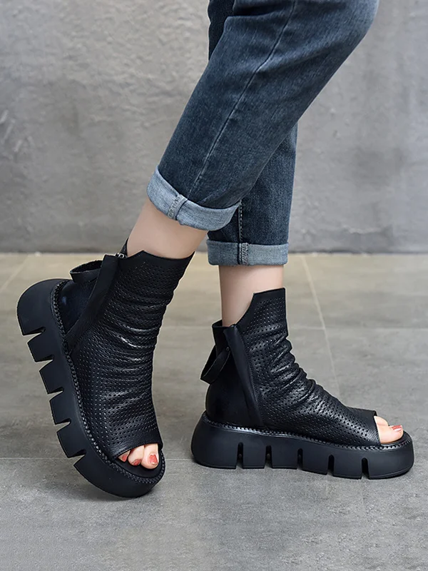 Urban Zipper Hollow Platform Shoes in Sleek Black and Brown