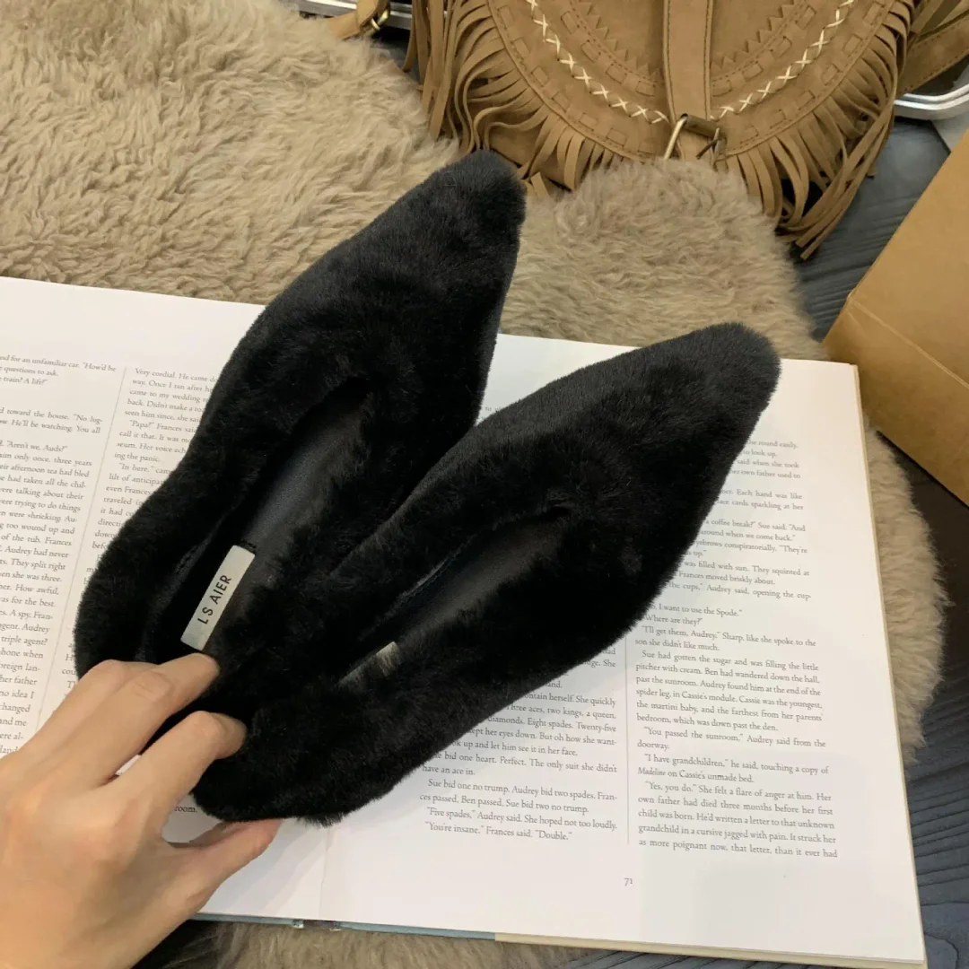 Canrulo Toe Fur Ballet Flat Woman Shoes Winter Warm Plush Shallow Loafer Ladies Concise Furry Heeled Dress Shoes Zapatos Mujer