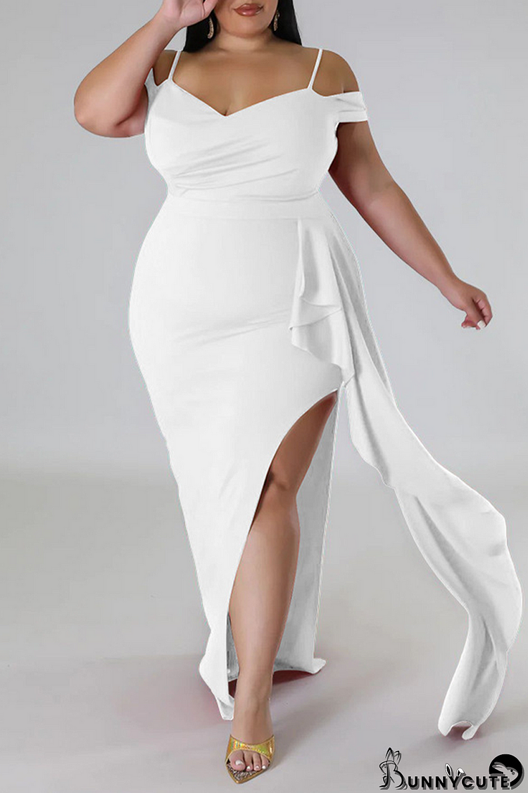 White Sexy Elegant Solid Patchwork Flounce Slit Spaghetti Strap Irregular Dress Plus Size Dresses