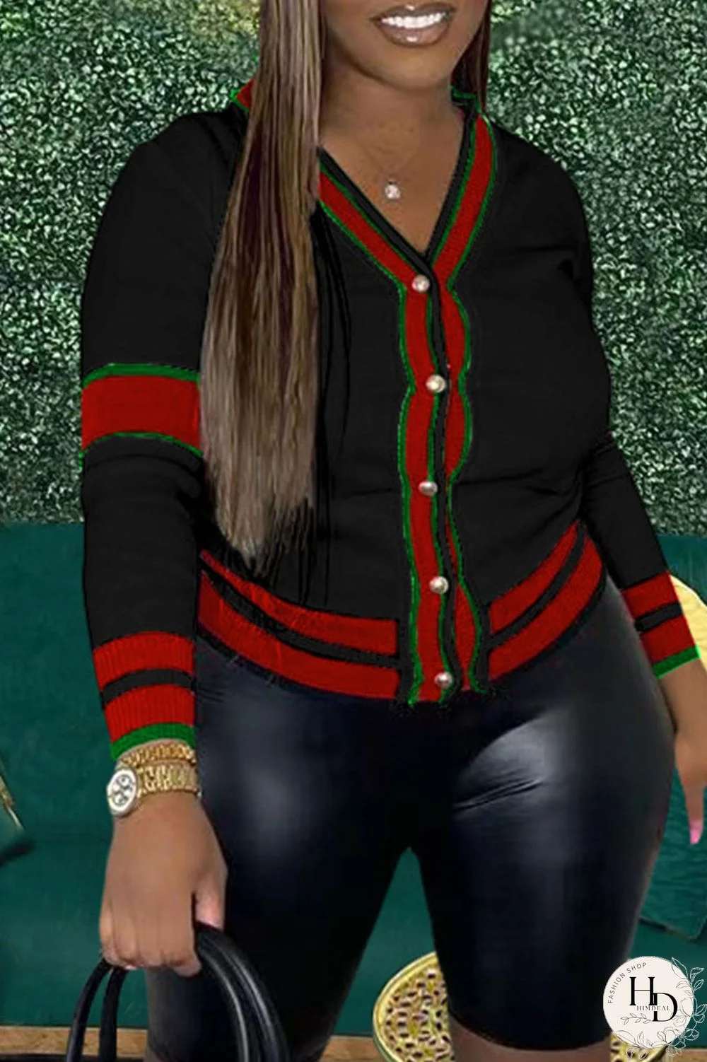 Red Casual Print Patchwork Buttons Tops