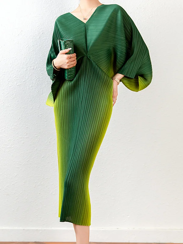 Fashion Loose Batwing Sleeves Gradient Pleated Midi Dress