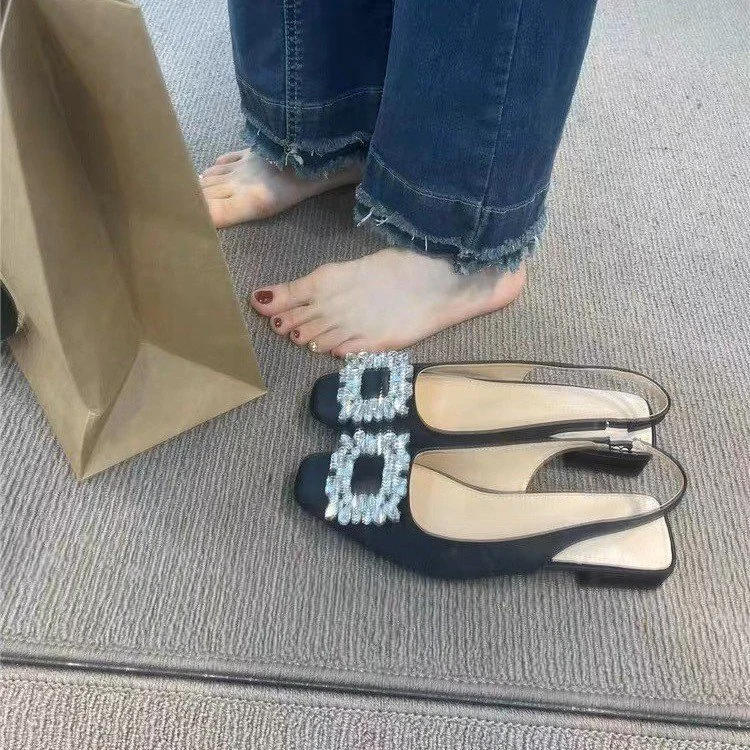 Yyvonne Sandals Women Coarse Heel 2025 Summer New Square Buckle Drill Fairy Style Method Behind The Empty Lazy Single-Shoe Woman