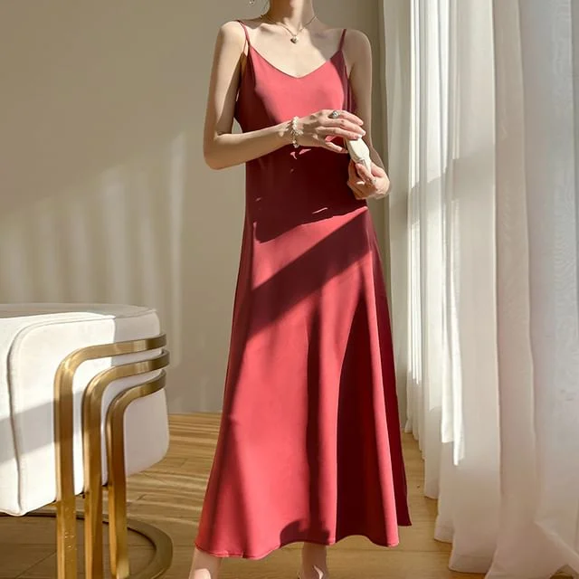 Midi Dress Satin Plain A-Line Strap V-Neck Spaghetti