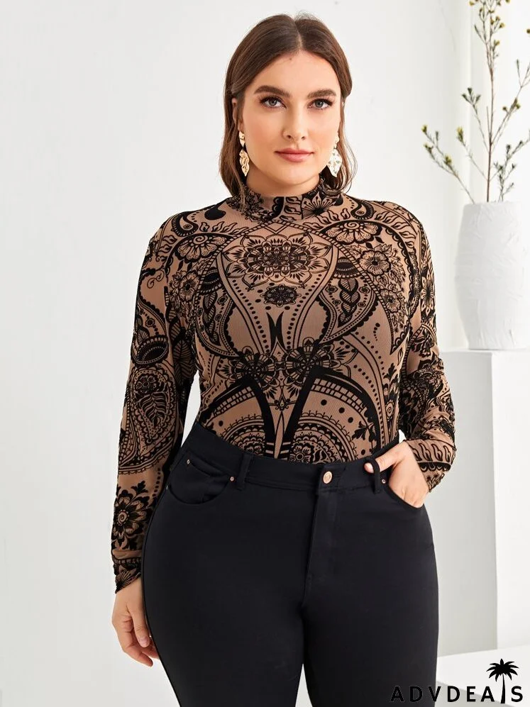 Plus Mock-Neck Paisley Print Mesh Top