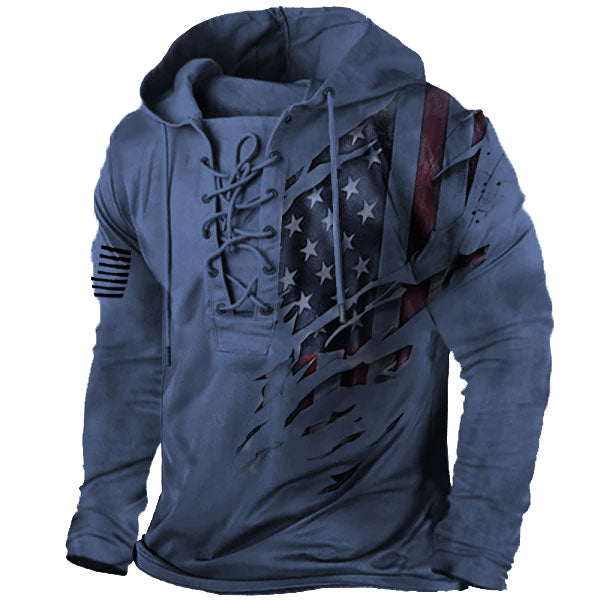 Mens Vintage American Flag Print Lace-Up Hooded Sweatshirt