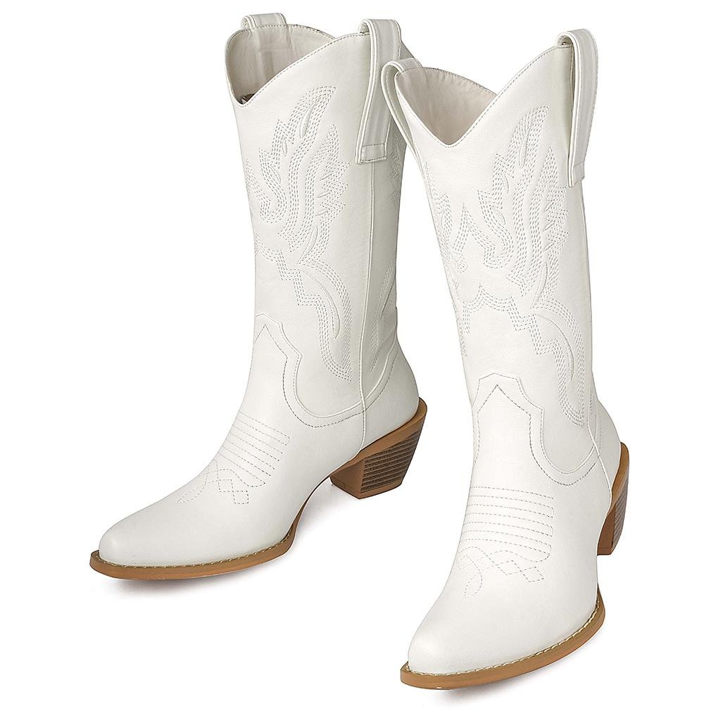 Embroidered Cowgirl Boots Mid Calf Boots Pointed Toe Western Booties