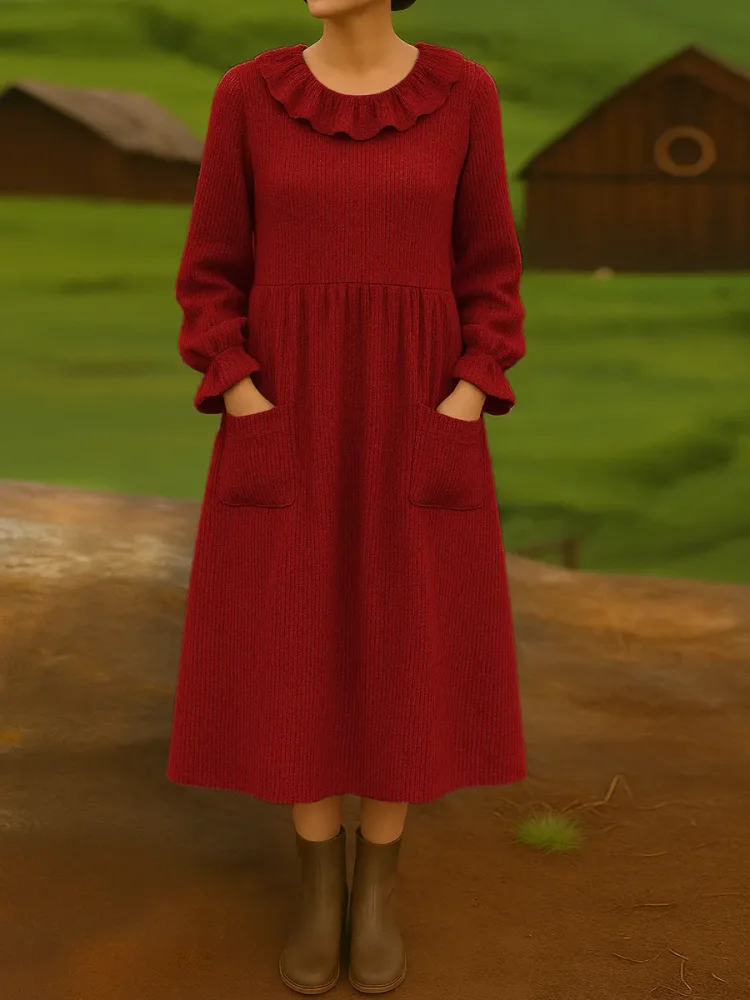 Women's Solid Color Round Neck Ruffled Long Sleeve Casual Loose Pocket Knit Dress