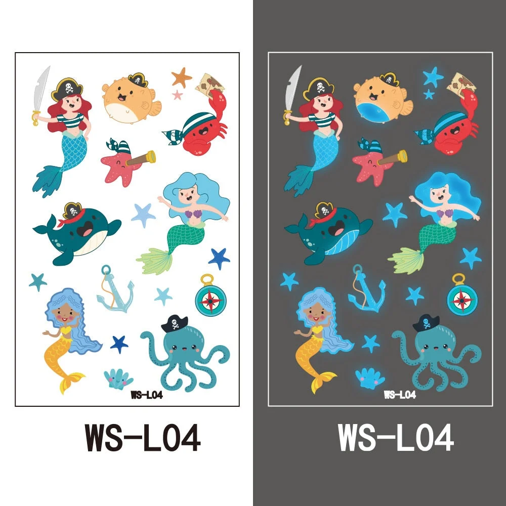 European and American children waterproof tattoo stickers cute dinosaur mermaid cartoon blue luminous temporary tattoo stickers