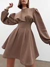 Urban Round-Neck Solid Color Long Sleeve A-Line Mini Dress