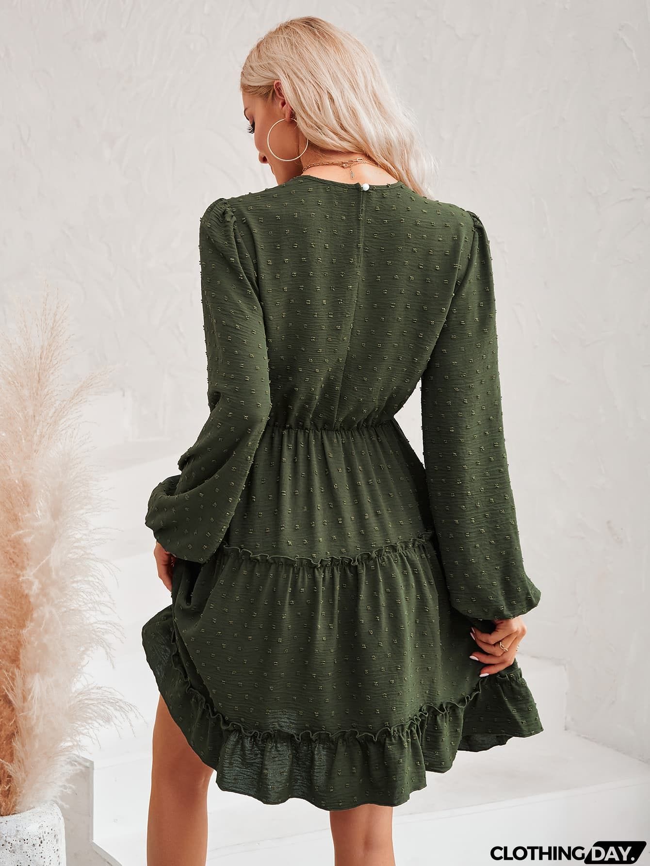 Swiss Dot Lace Trim Balloon Sleeve Dress