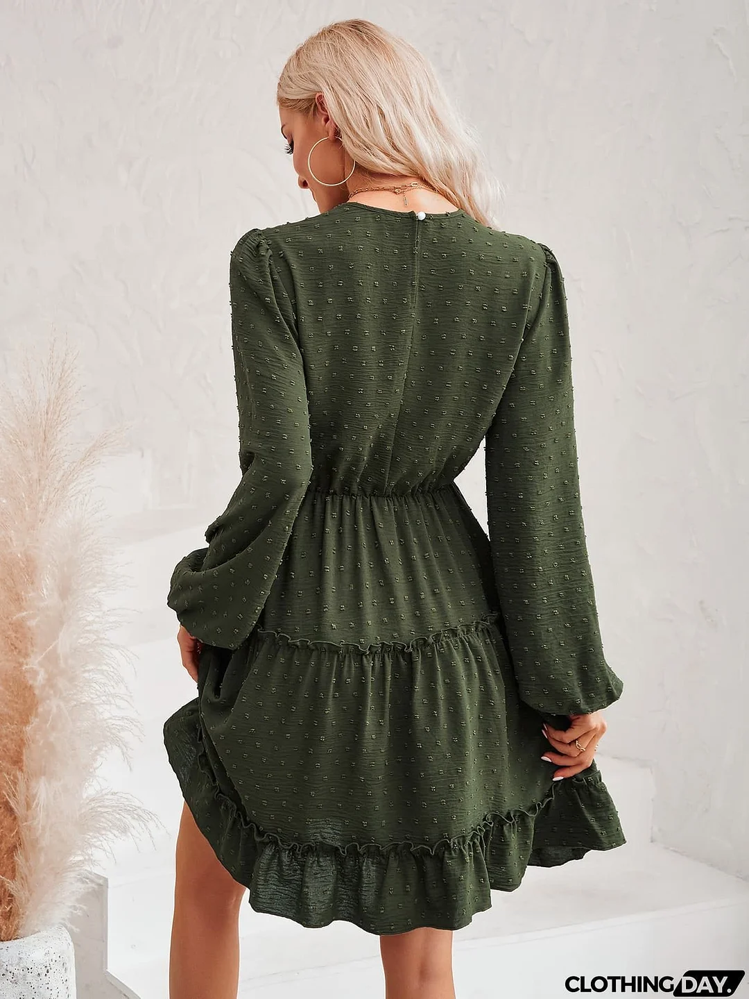 Swiss Dot Lace Trim Balloon Sleeve Dress