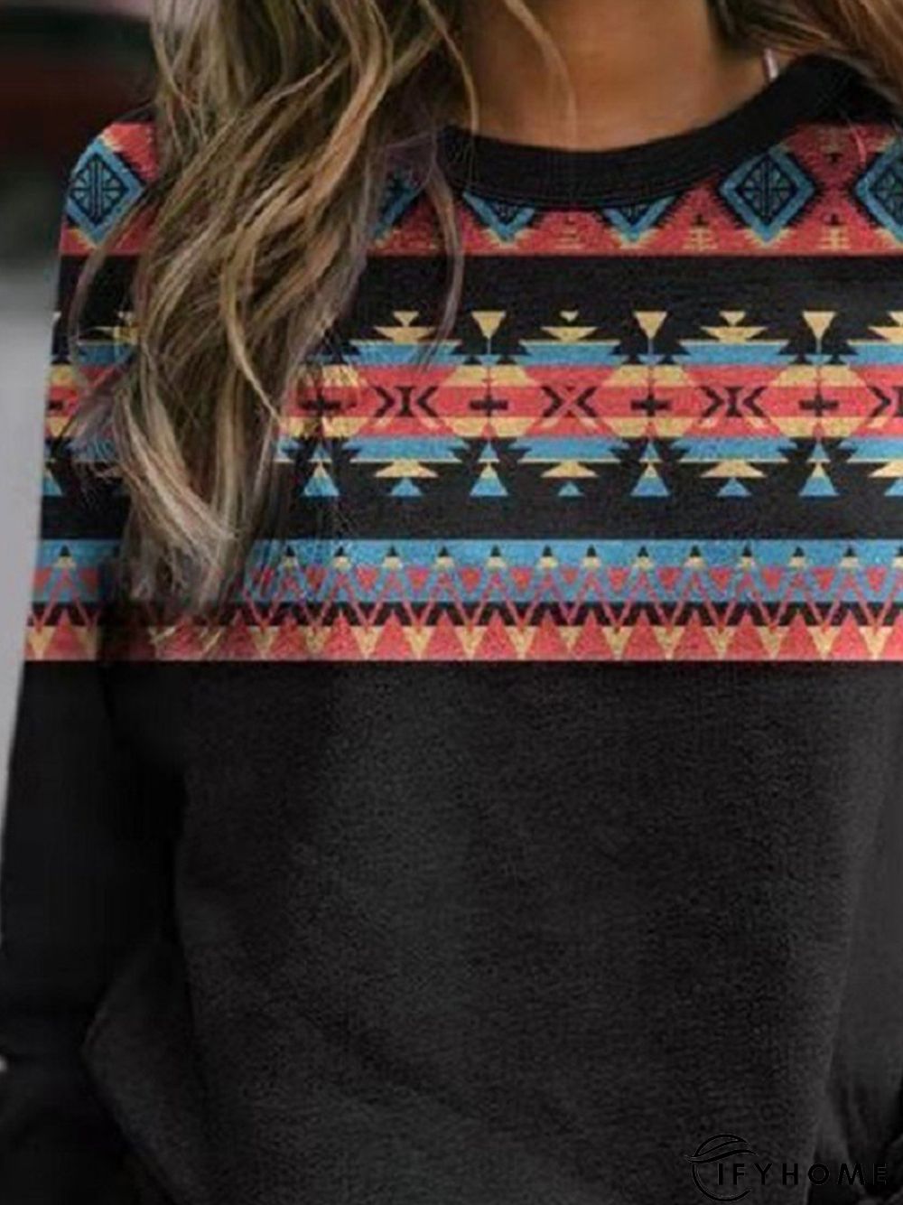 Vintage Geometric Printed Crew Neck Long Sleeve Casual Sweatshirt | IFYHOME