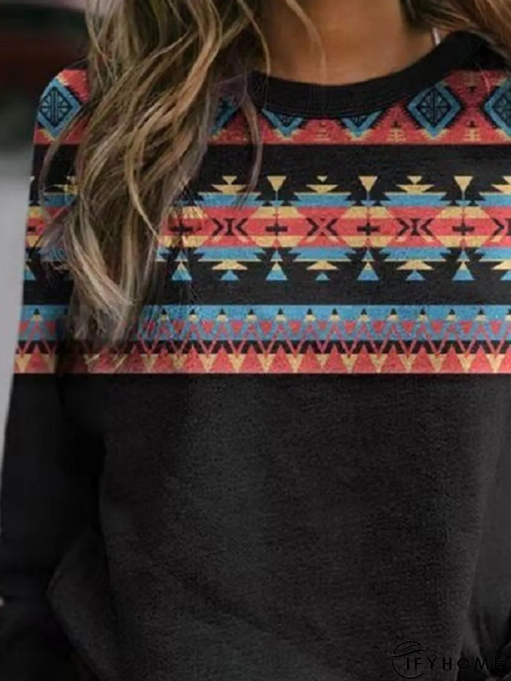 Vintage Geometric Printed Crew Neck Long Sleeve Casual Sweatshirt | IFYHOME