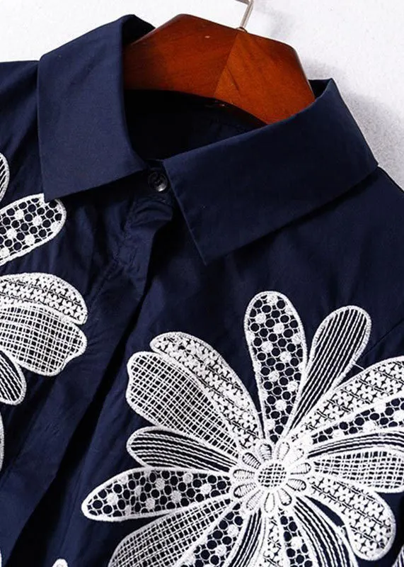 handmade blue peter pan collar embroidered asymmetrical design cotton long shirt half