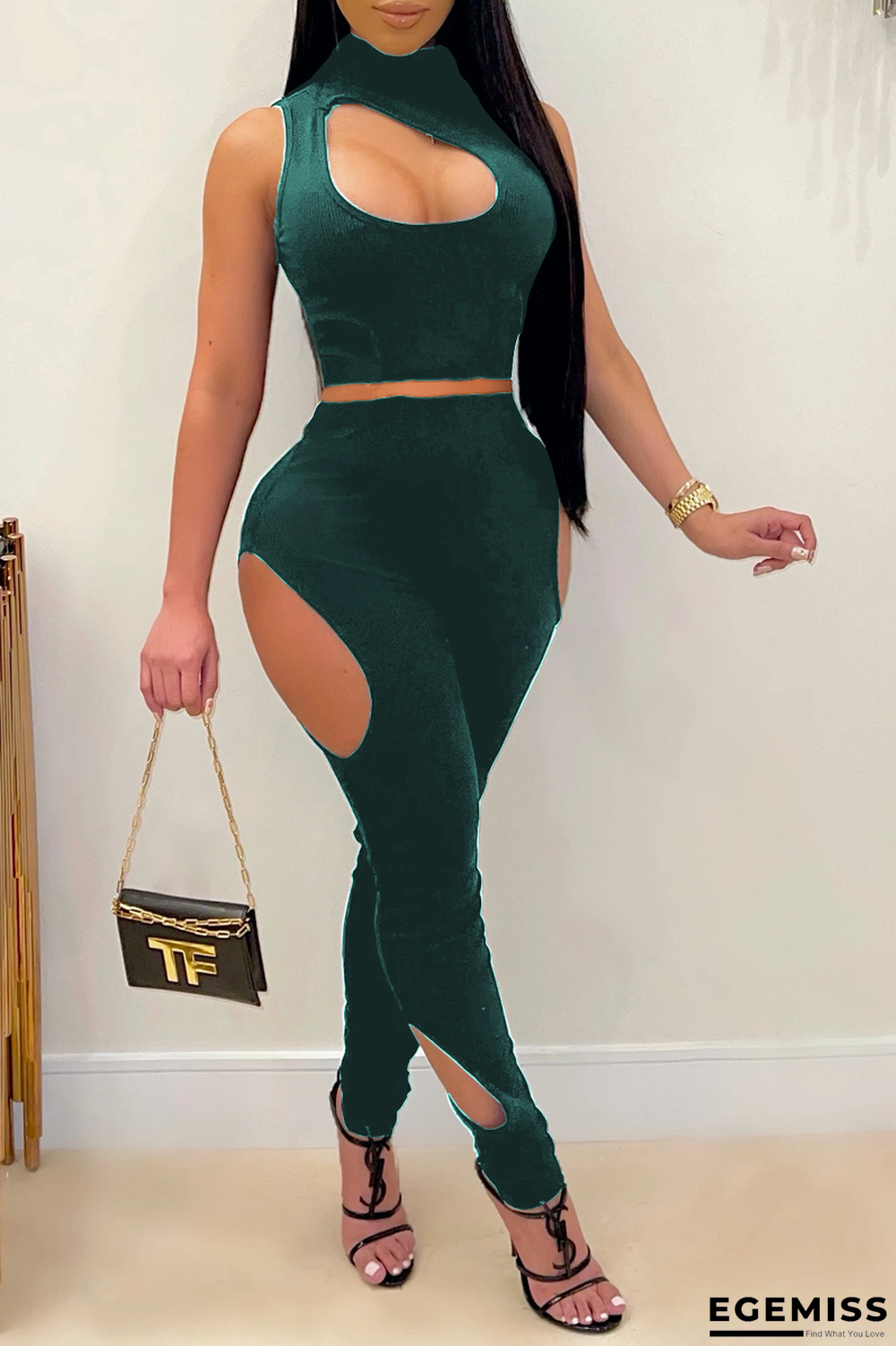 Green Sexy Solid Hollowed Out Half A Turtleneck Sleeveless Two Pieces | EGEMISS