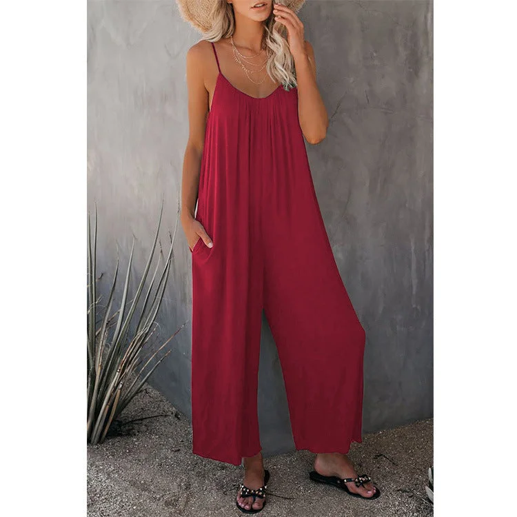 Brownm Sling Summer Solid Sleeveless Color Pocket Casual Jumpsuit