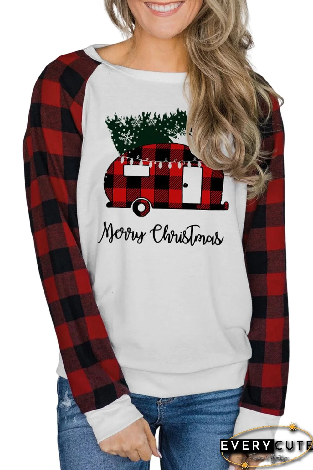 White Merry Christmas Plaid Graphic Color Block Sweatshirt