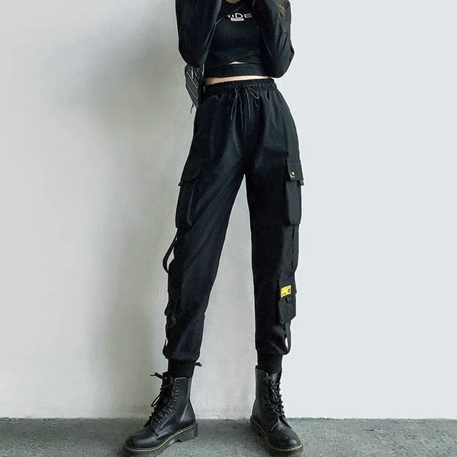 Korean Style Cargo Pants Casual Joggers Black High Waist BE104