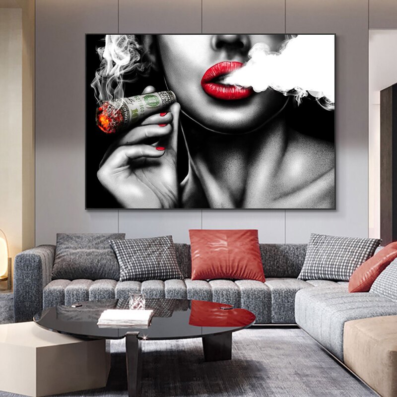 Wall Decor Sexy Woman Poster Smoking Painting Canvas Wall Art Pictures For Living Room Modern Home Decor Glasses Wine Cigarette