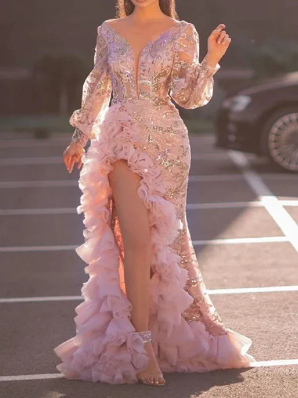 Women's Dresses V-Neck Sequin Mesh Irregular Long Sleeve Evening Dress
