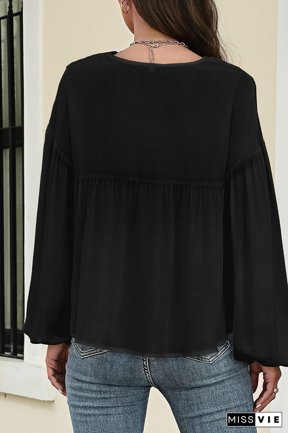 Lace Crochet Lantern Sleeves Chiffon Blouse