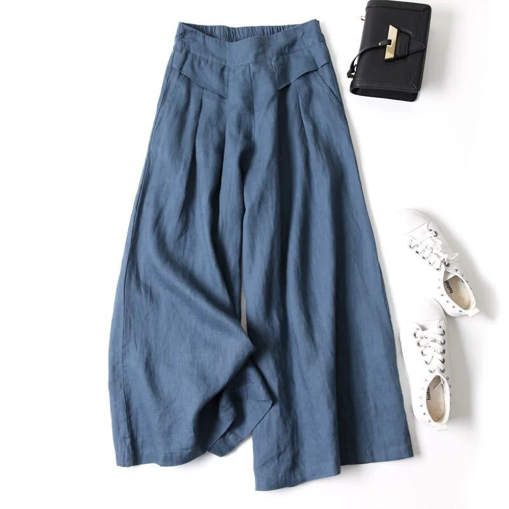 Smiledeer Ladies Cotton Linen Casual Loose Fashion Wide Leg Pants