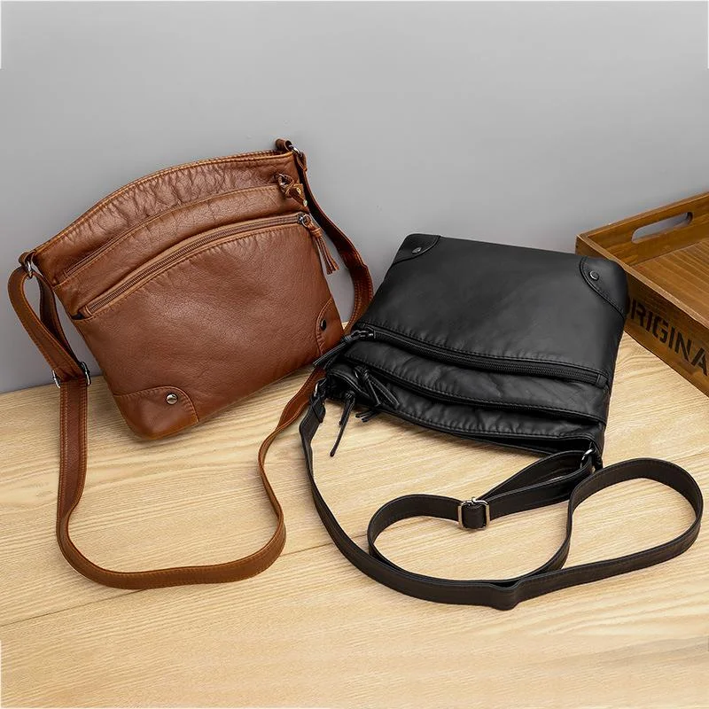 Casual soft leather solid color large capacity shoulder bag