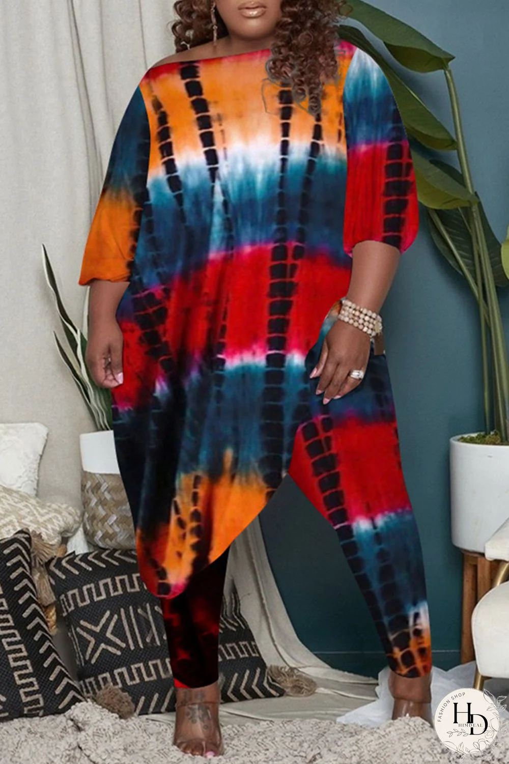 Yellow Fashion Casual Tie Dye Asymmetrical O Neck Plus Size Two Pieces