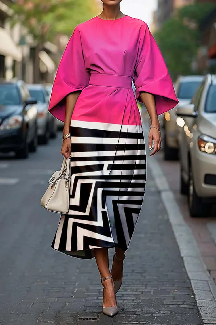 Women's Elegant Abstract Art Print Midi Dress