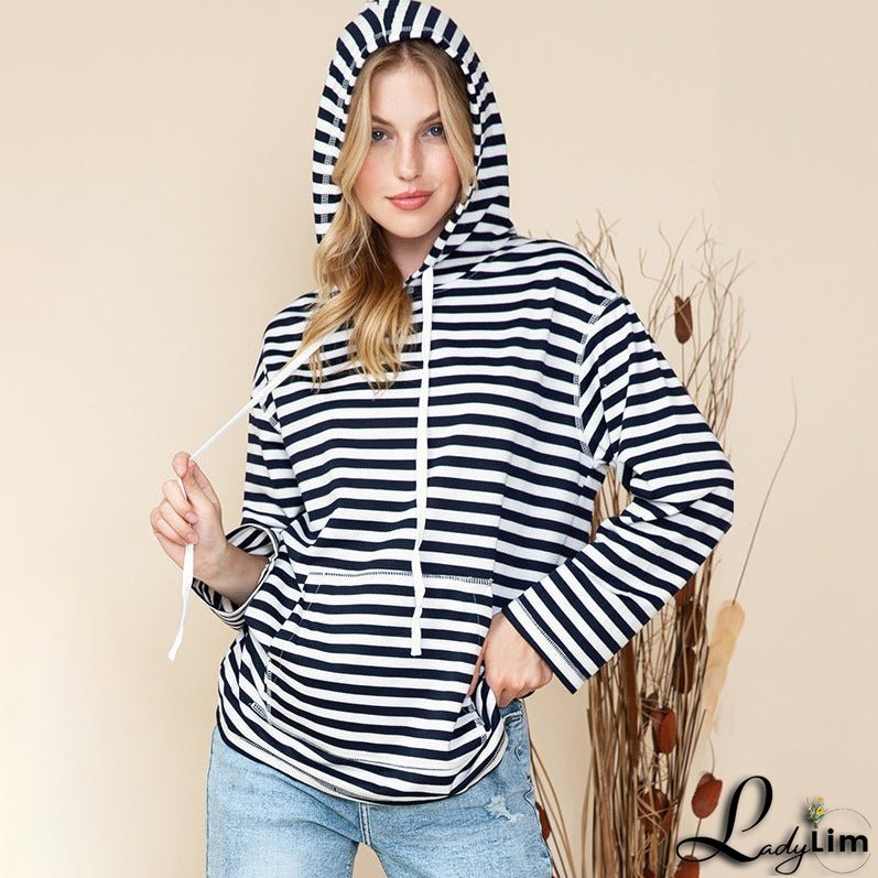 Shiying Striped Hooded Sweater, Women's Autumn Fashion, Loose-Fit Long Sleeve Top