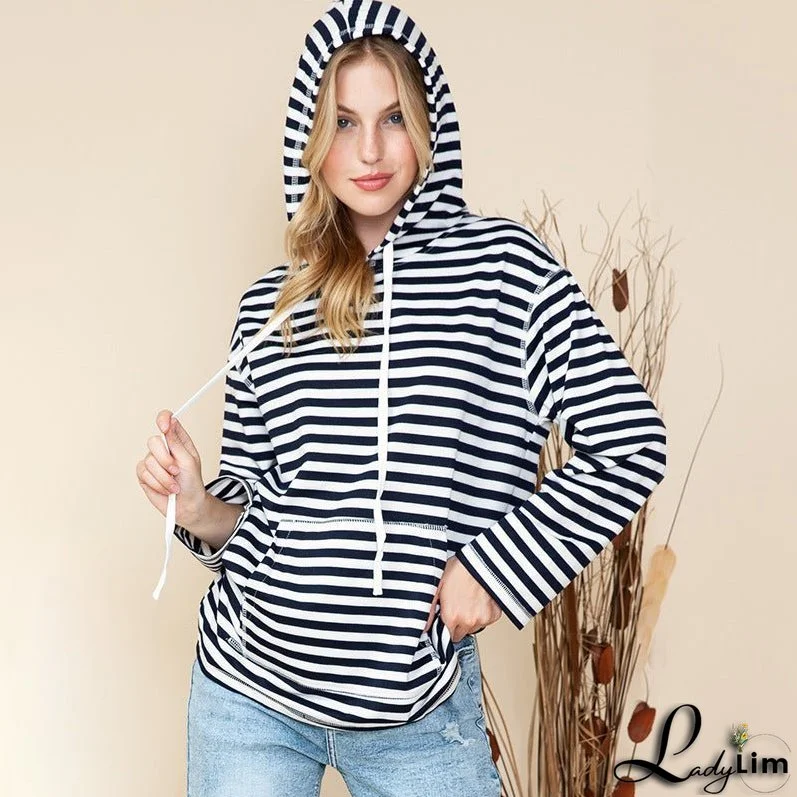 Shiying Striped Hooded Sweater, Women's Autumn Fashion, Loose-Fit Long Sleeve Top