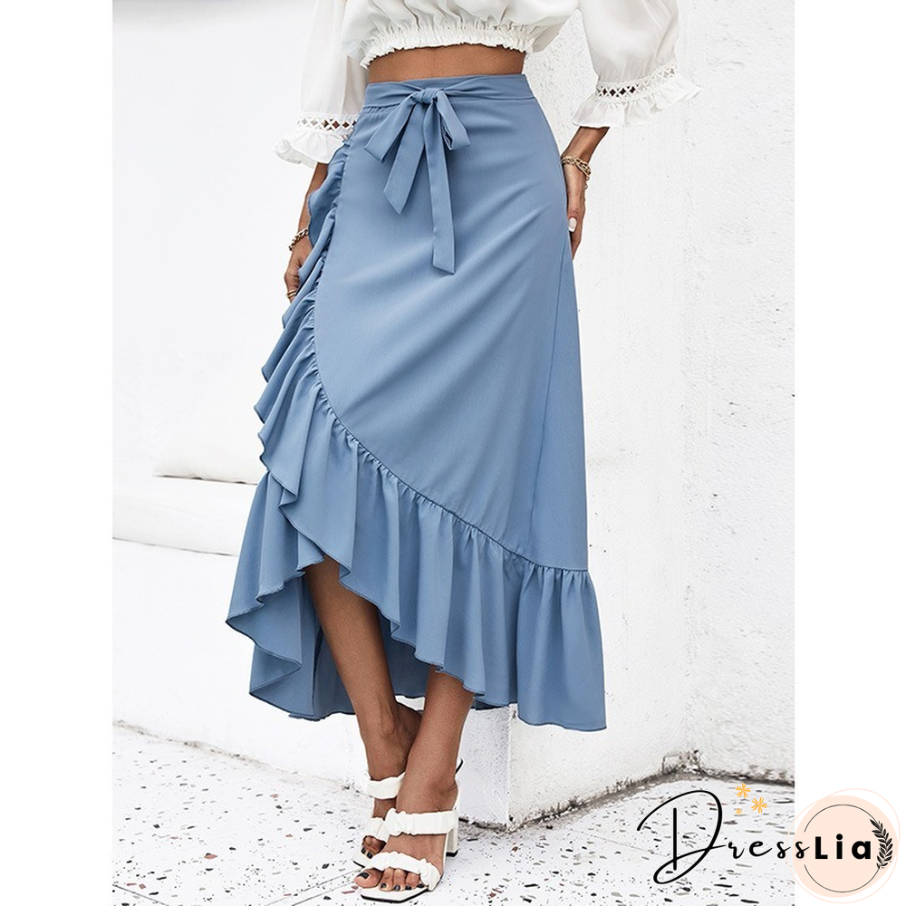 Womens Clothing Skirts Blue Solid Color Spring Autumn Skinny Skirt Lace High Waist Ruffle