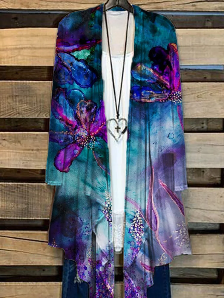 Flowers Watercolor Art Flowy Kimono Cardigan