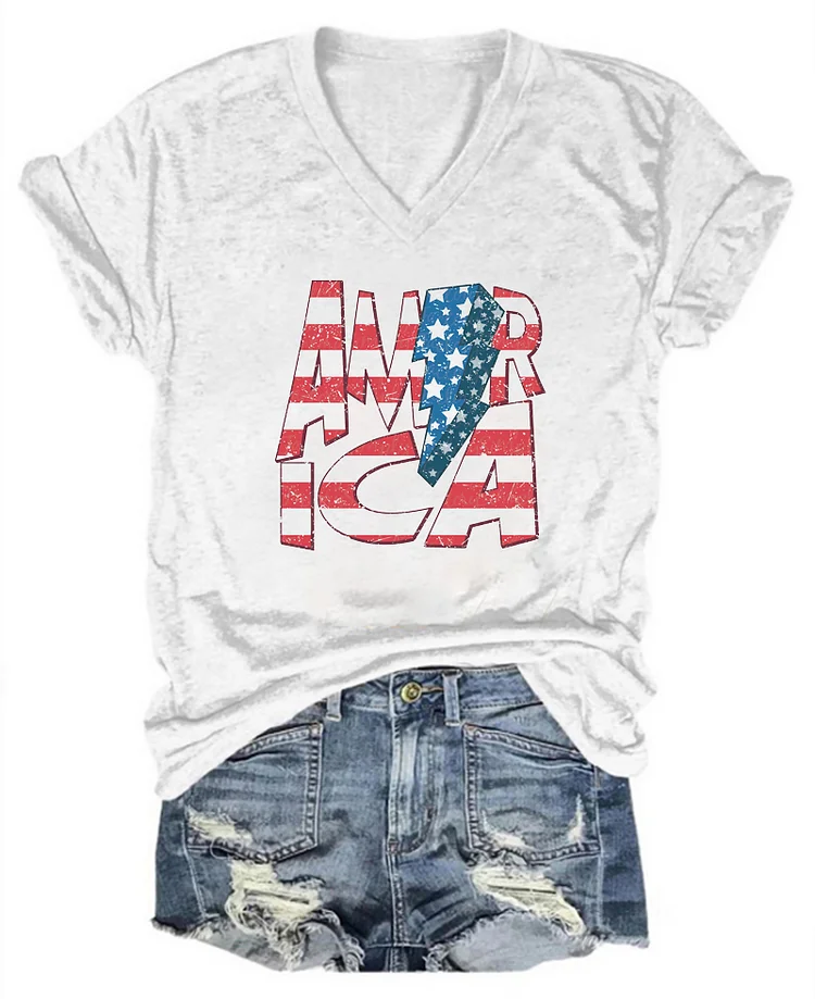 Women's Retro America Stripes Star Lightning Bolt Print V-Neck Casual T-Shirt socialshop