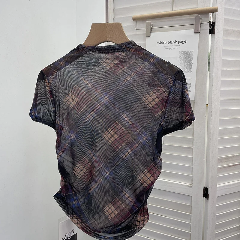 Churchf Real Shooting Sweet Cool Hottie Slim Slimming Vintage Lattice Short-Sleeved T-Shirt Small Neck Folding Thin Top 22892