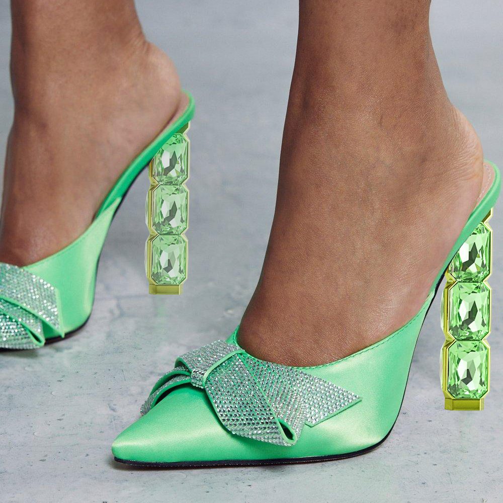 Green Glitter Pointed Toe 4'' Decorative Heel Mules with Bow-Knot Nicepairs
