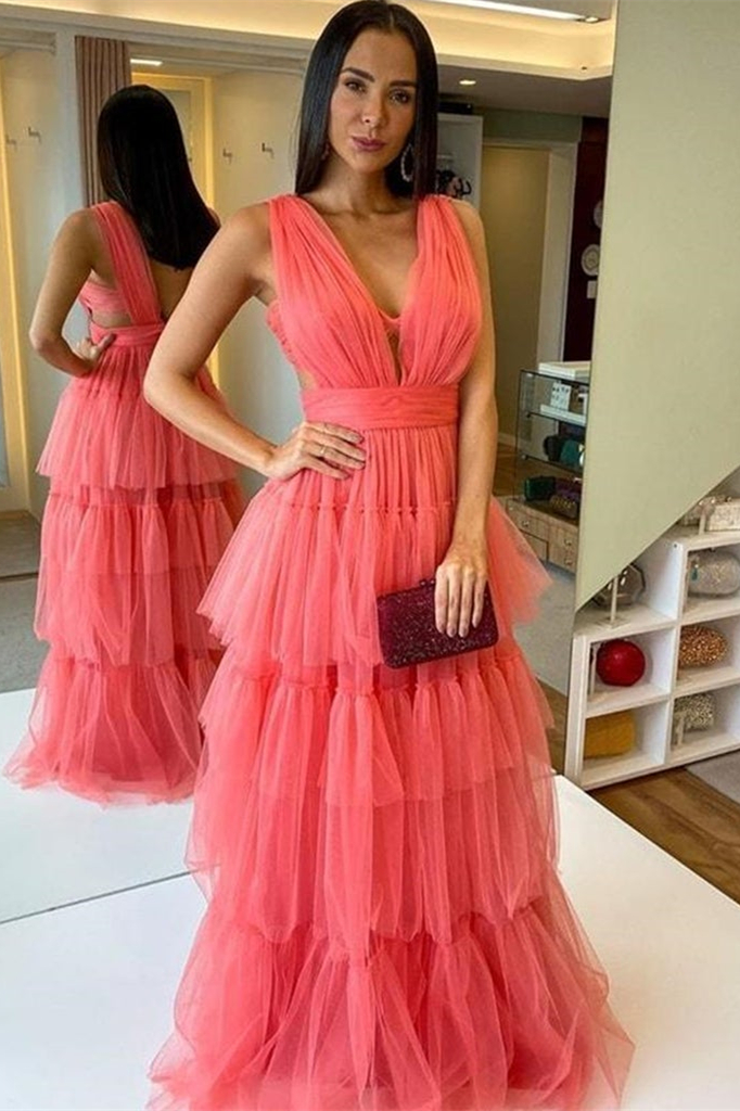 Dresseswow Watermelon Sleeveless Tulle Long Prom Dress