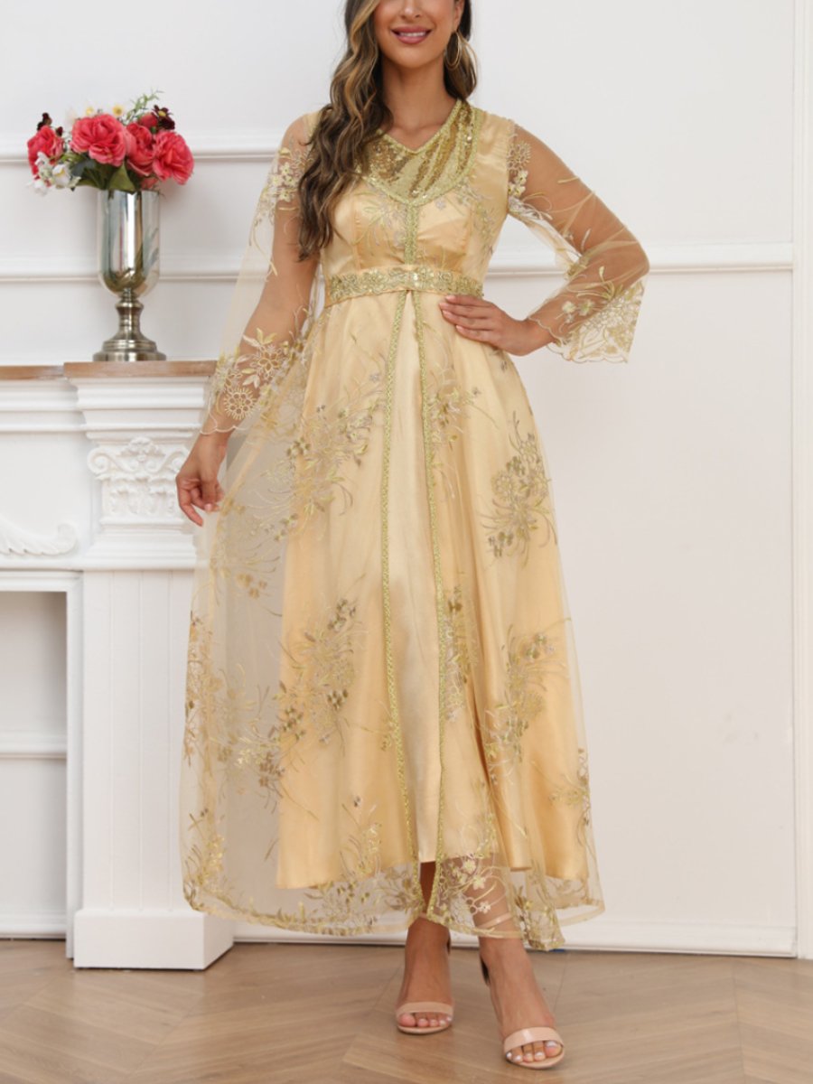 Embroidery Print Perspective Mesh Sleeve Elegant Lady Gown | Oxredo Shop Ramadan Sale