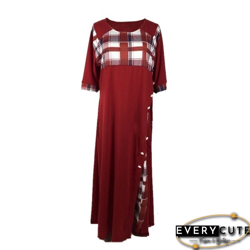 Women's Fashion Half Sleeve Elegant Long Dress Plaid Print Button Detail Maxi Dress Plus Size Xs-5Xl