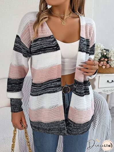 Openwork Striped Open Front Cardigan