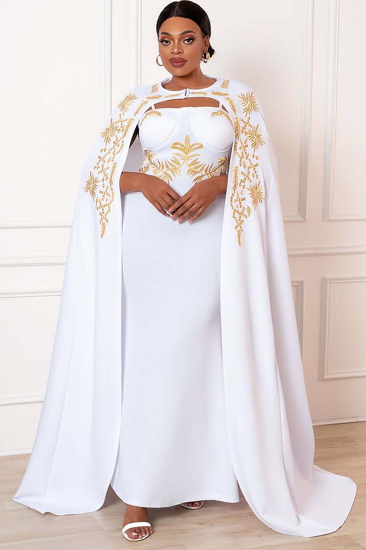 Xpluswear Design Plus Size Formal Shawl Cape Embroidery Two Piece Sets Maxi Dresses