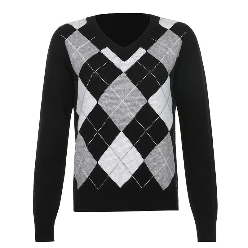 HEYounGIRL Autumn Black V Neck Vintage Knit Sweater Casual Argyle Plaid Jumper Women 90s Preppy Style Long Sleeve Pullover 2021