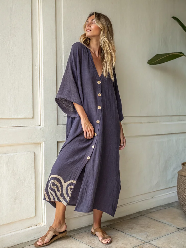 Linen Boho Printed Kaftan Maxi Dress