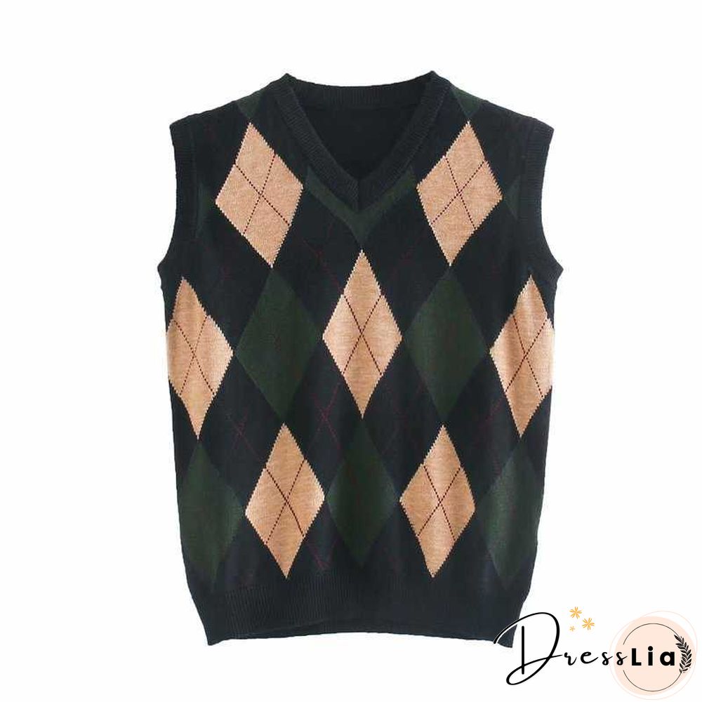 Checkered Cropped Knitted Tank Argyle Sleeveless Jumper