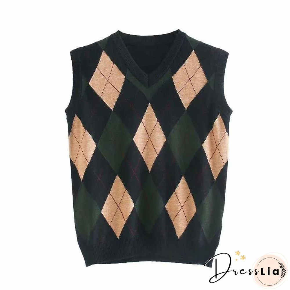 Checkered Cropped Knitted Tank Argyle Sleeveless Jumper