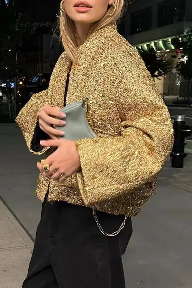 Ingvn - Elegant Solid Sequined Mandarin Collar Outerwear Golden Yellow / S Outerwear/Blazer & Suits