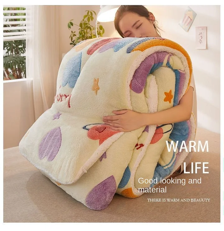 Yickyue Cute Super Warm Lamb Wool Quilt Winter Thickened Warmth Cotton  Velvet Soft Small Child Size Blanket Duvet Single Double Bed
